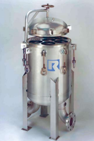 Rosedale multi-bag filter housing with cover raised to show basket openings