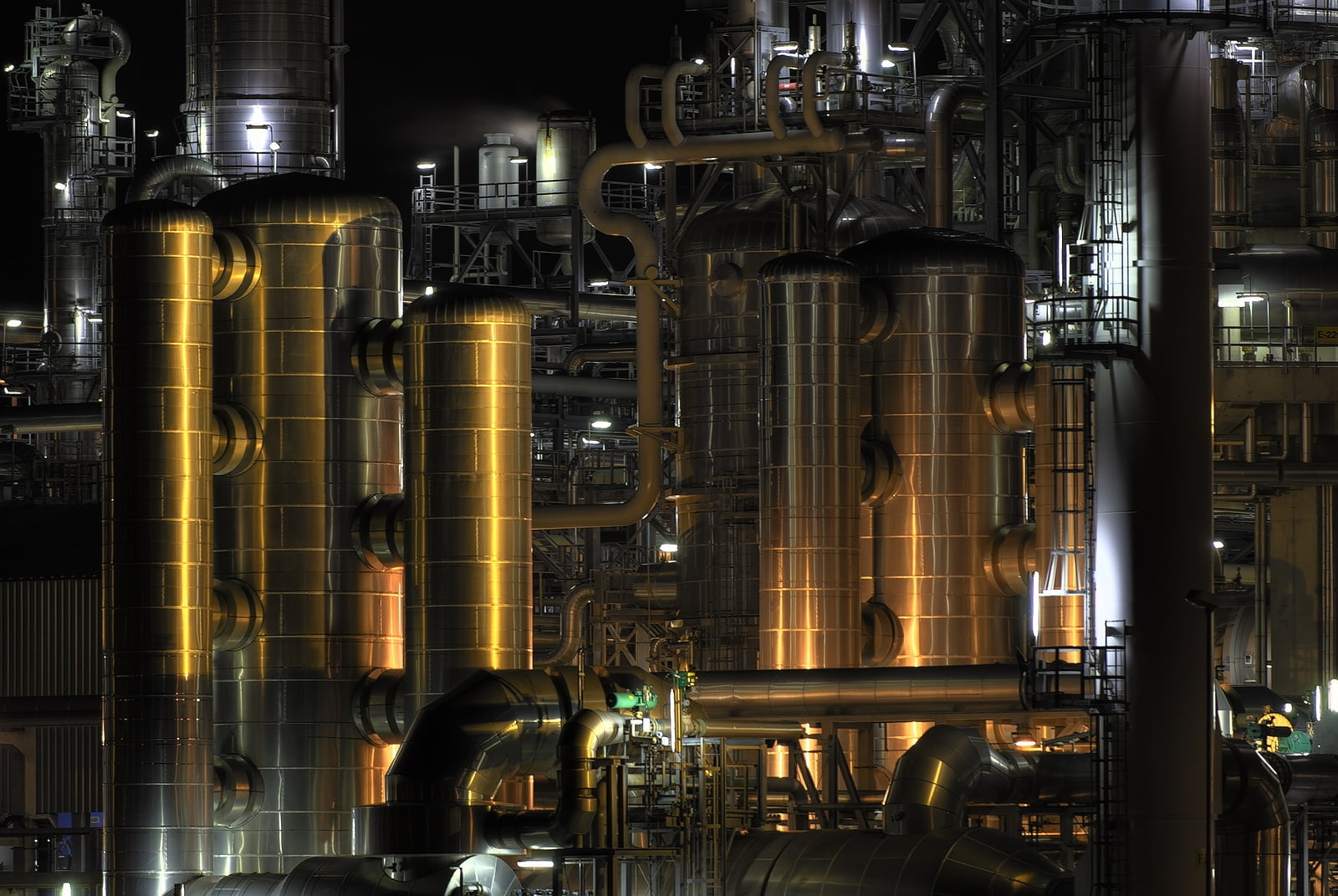 Piping and process vessels inside a chemical processing facility