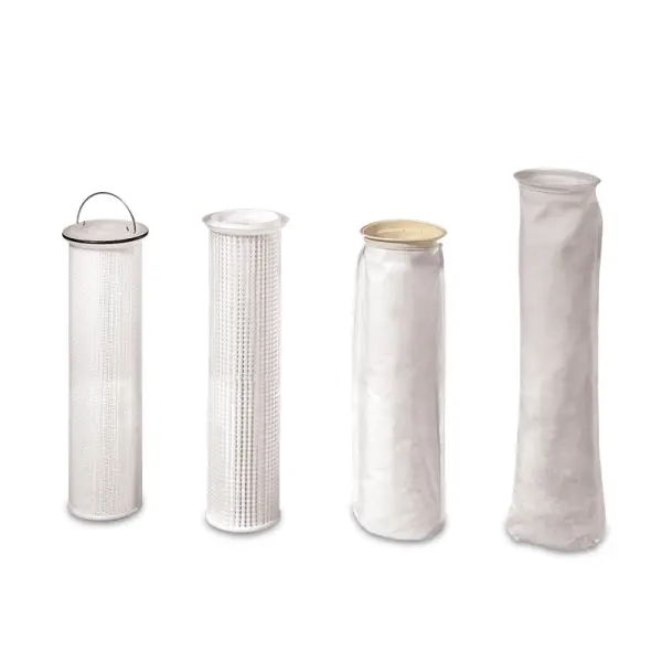 Industrial filtration system filter bags from Rosedale Products, available at Tencarva Machinery Company for water purification and process filtration.