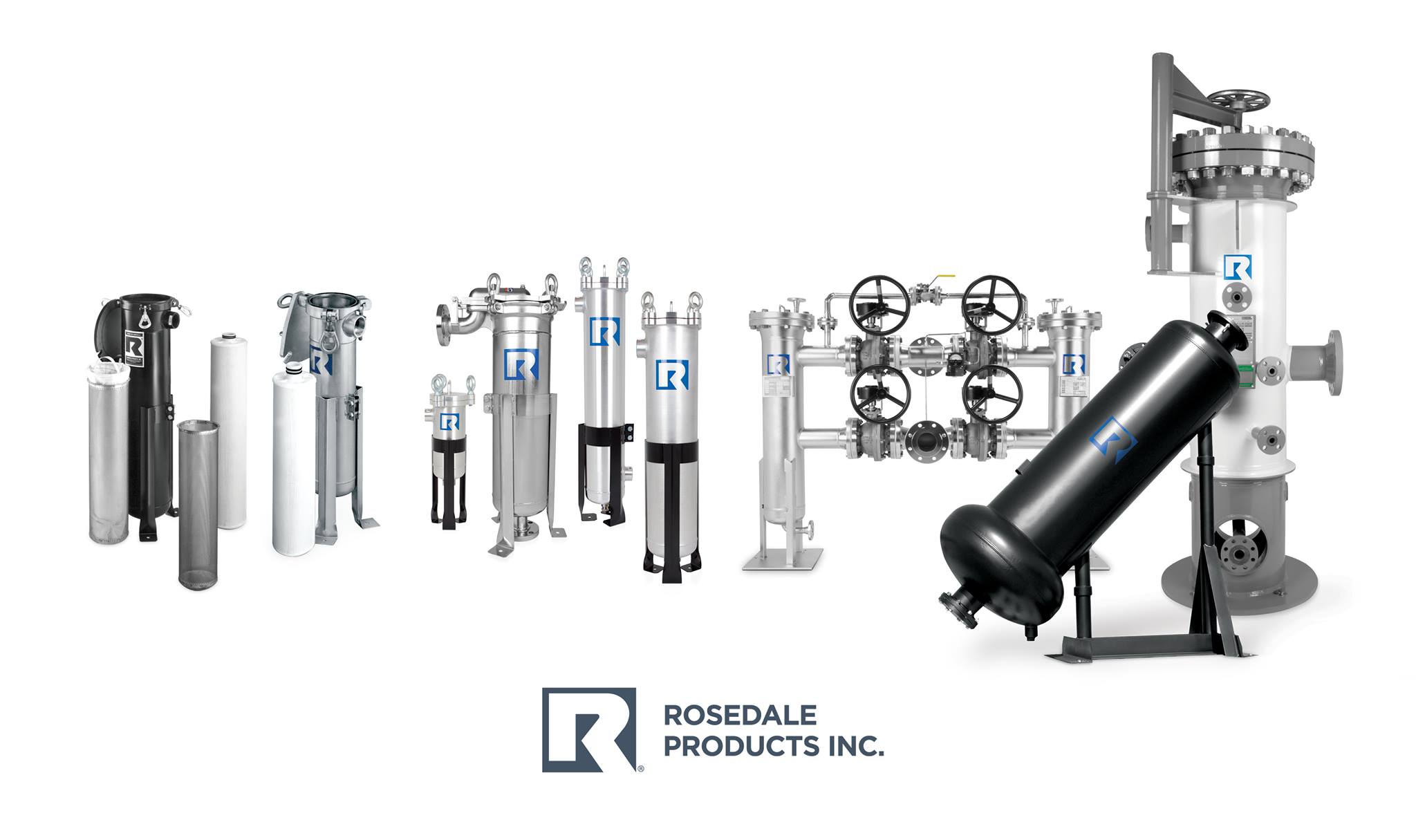 Rosedale filter housings, filter elements, and duplex filtration systems