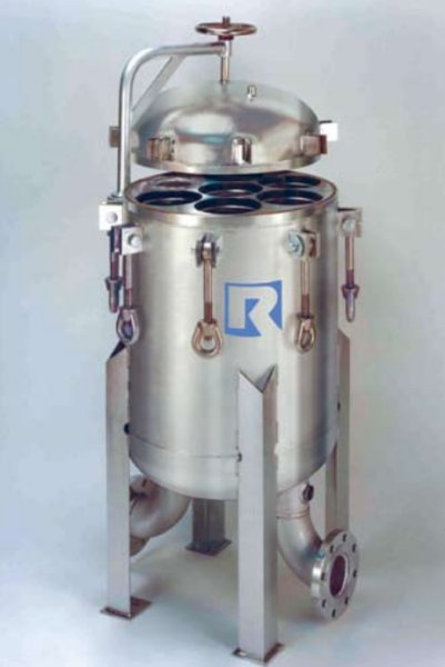 Rosedale multi-bag filter housing with cover raised to show basket openings