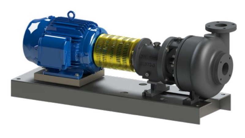 Gusher horizontal pump assembly with motor, coupling guard, and baseplate